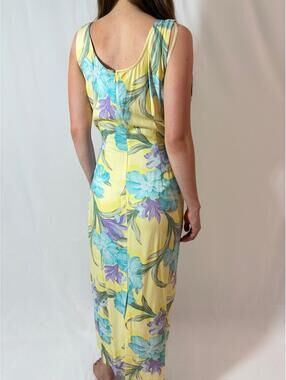 Butter Yellow Floral Rayon Tropical Beach Vacation Tie Maxi Dress